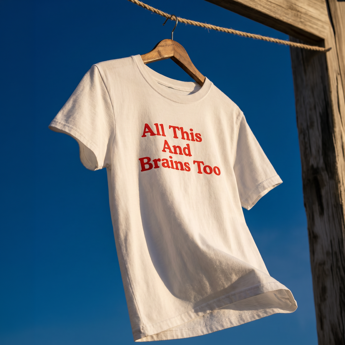 Ivory graphic t-shirt hanging outdoors on a wooden hanger featuring the phrase “All This And Brains Too” in bold red lettering. Funny statement tee with vintage-inspired typography, perfect for casual everyday wear and humor apparel lovers.