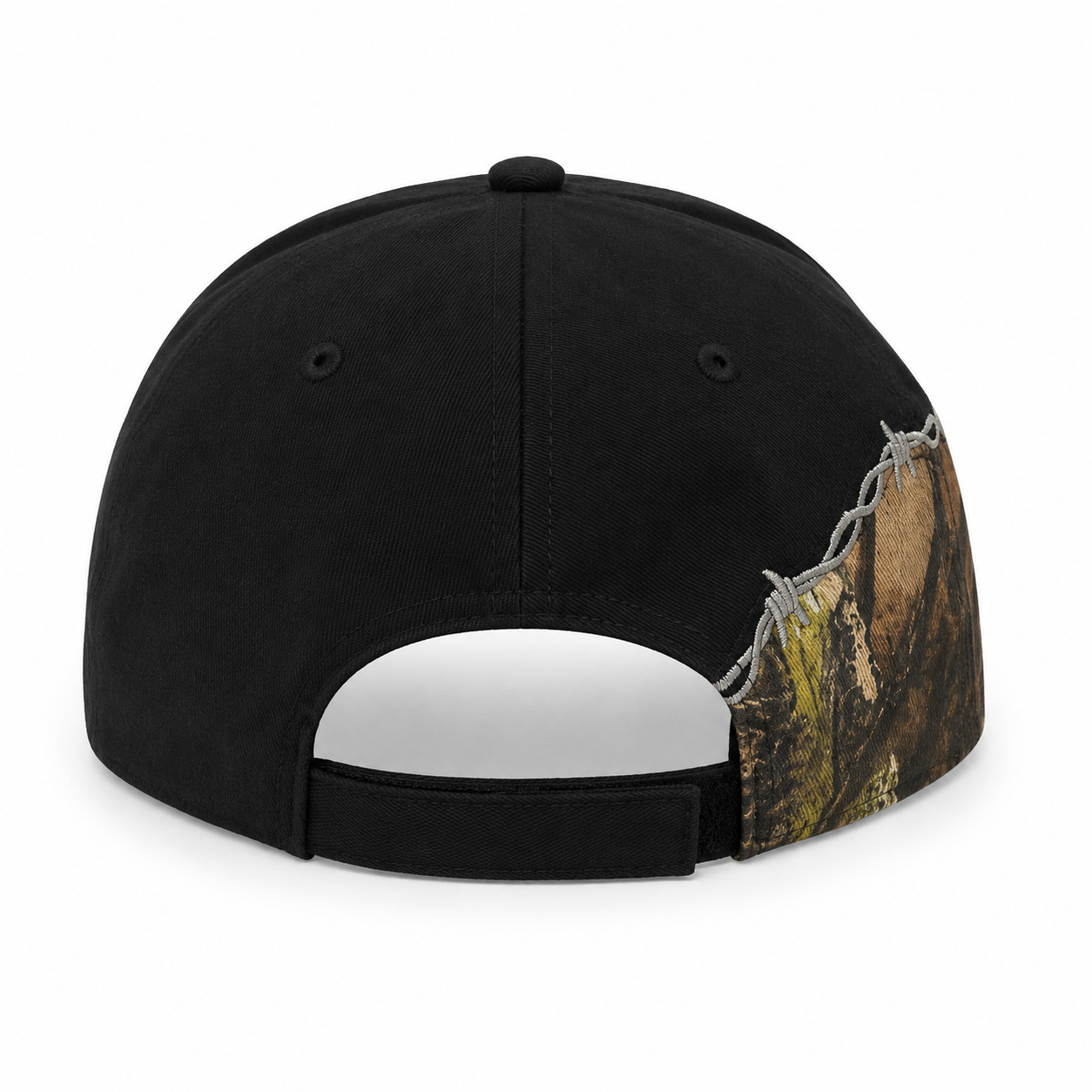 Back view of a black adjustable cap with Realtree-inspired camouflage side panels, silver barbed wire embroidery detail, and a curved brim for a rugged outdoor streetwear look.