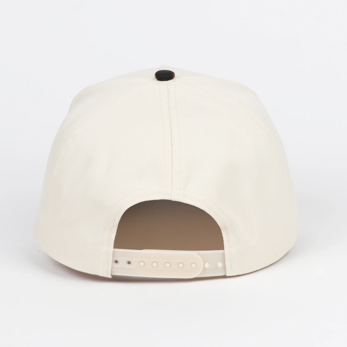 Back view of Florida’s Finest snapback hat featuring a cream crown, leopard accent top button, adjustable snapback closure, and clean structured design for everyday Florida-inspired style.