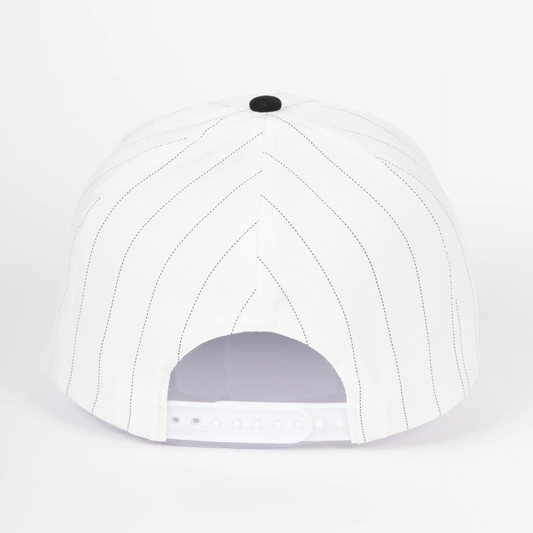 Back view of Florida’s Finest pinstripe snapback hat featuring a white crown with black pinstripe detailing, black top button, and adjustable white snapback closure for a classic two-tone look.