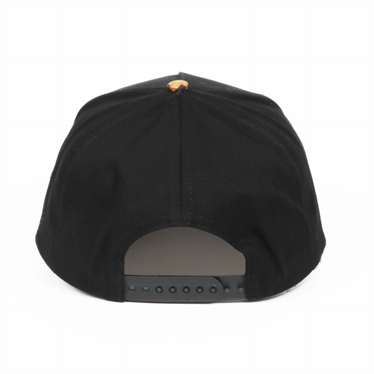 Back view of a black snapback hat featuring a clean five-panel design with a black adjustable snapback closure and a brown leopard print top button. The minimalist rear profile highlights the structured fit and premium construction against a white background.