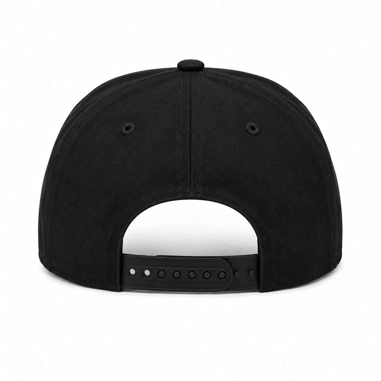 Black snapback cap back view featuring an adjustable plastic closure, structured crown, and clean minimalist design.
