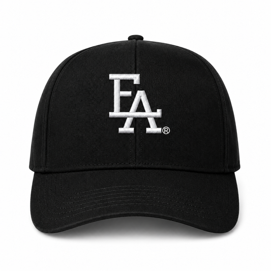 Black baseball cap featuring a bold black embroidered “FLA” logo on the front, clean structured crown, and classic curved brim for a minimalist streetwear look.