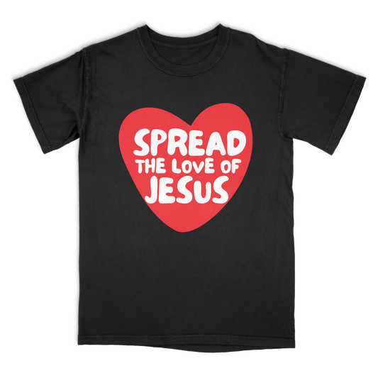 Black t-shirt with a red heart and white text 'Spread the Love of Jesus' on a white background