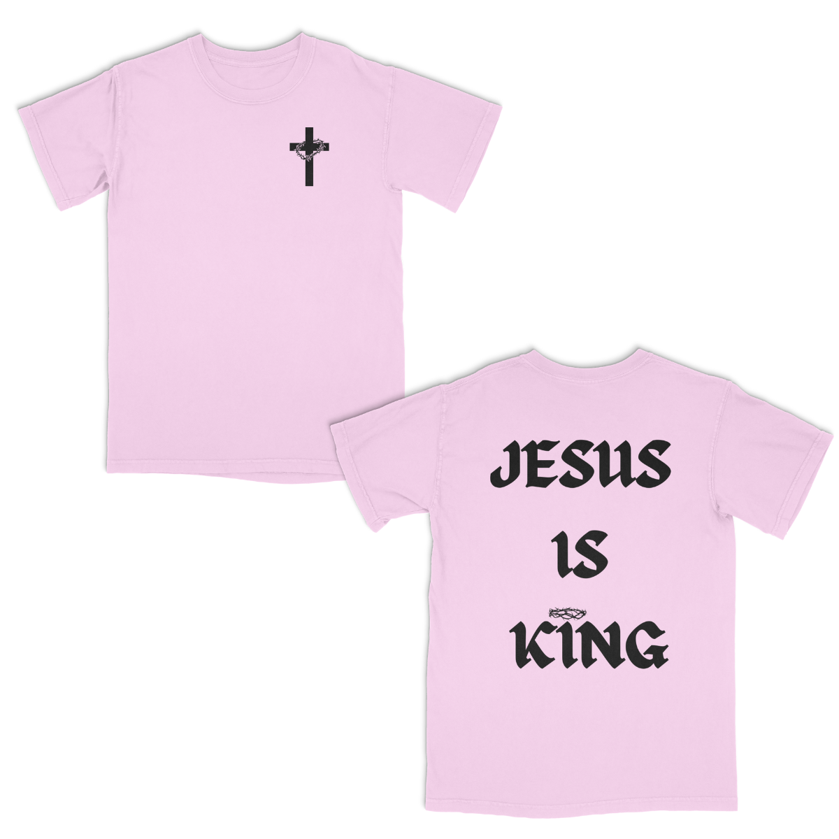 Pink t-shirt with a black cross on the front and 'Jesus is King' text on the back.