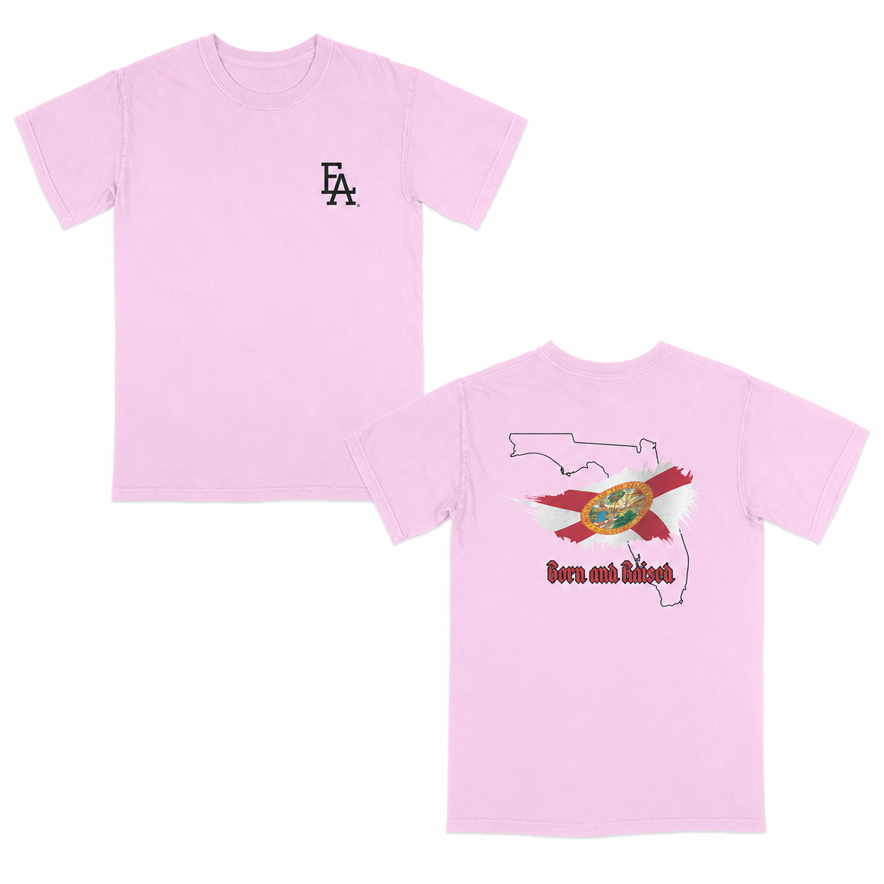 Light Pink short-sleeve T-shirt featuring a minimalist “FLA” logo on the front and a bold back graphic with the outline of Florida, the Florida state flag design, and “Born and Raised” text in red gothic font.