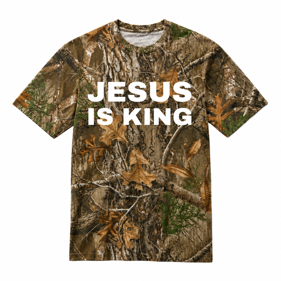 Camo “Jesus Is King” graphic tee featuring an all-over woodland camouflage pattern with bold white lettering, combining outdoor style with a strong faith-based message.
