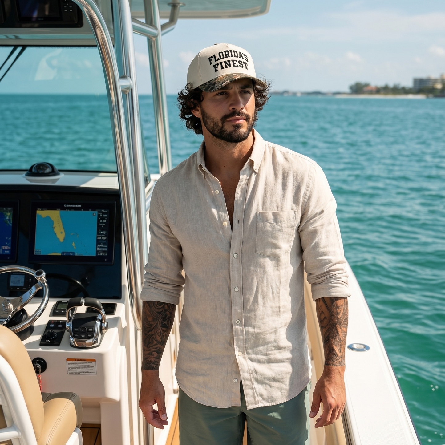 Man wearing a Florida’s Finest embroidered snapback hat with a cream crown and camo-pattern brim while boating on clear Florida waters. Coastal lifestyle cap designed for fishing, boating, outdoor adventures, and Florida-inspired everyday style.