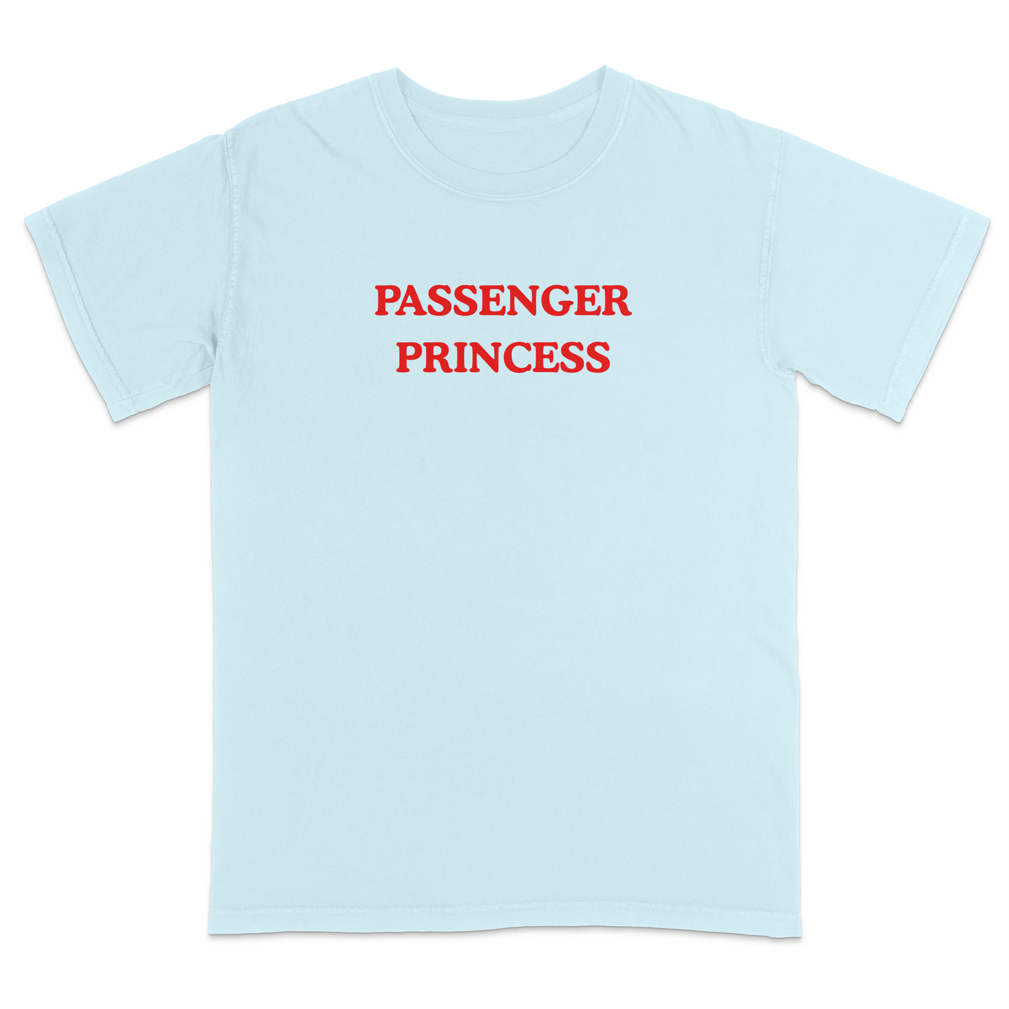 Front view of a light blue graphic T-shirt featuring the phrase "PASSENGER PRINCESS" in bold red vintage-style lettering centered across the chest. This minimalist graphic tee offers a playful automotive-inspired design, making it perfect for road trips, date nights, vacations, casual outings, and everyday wear.
