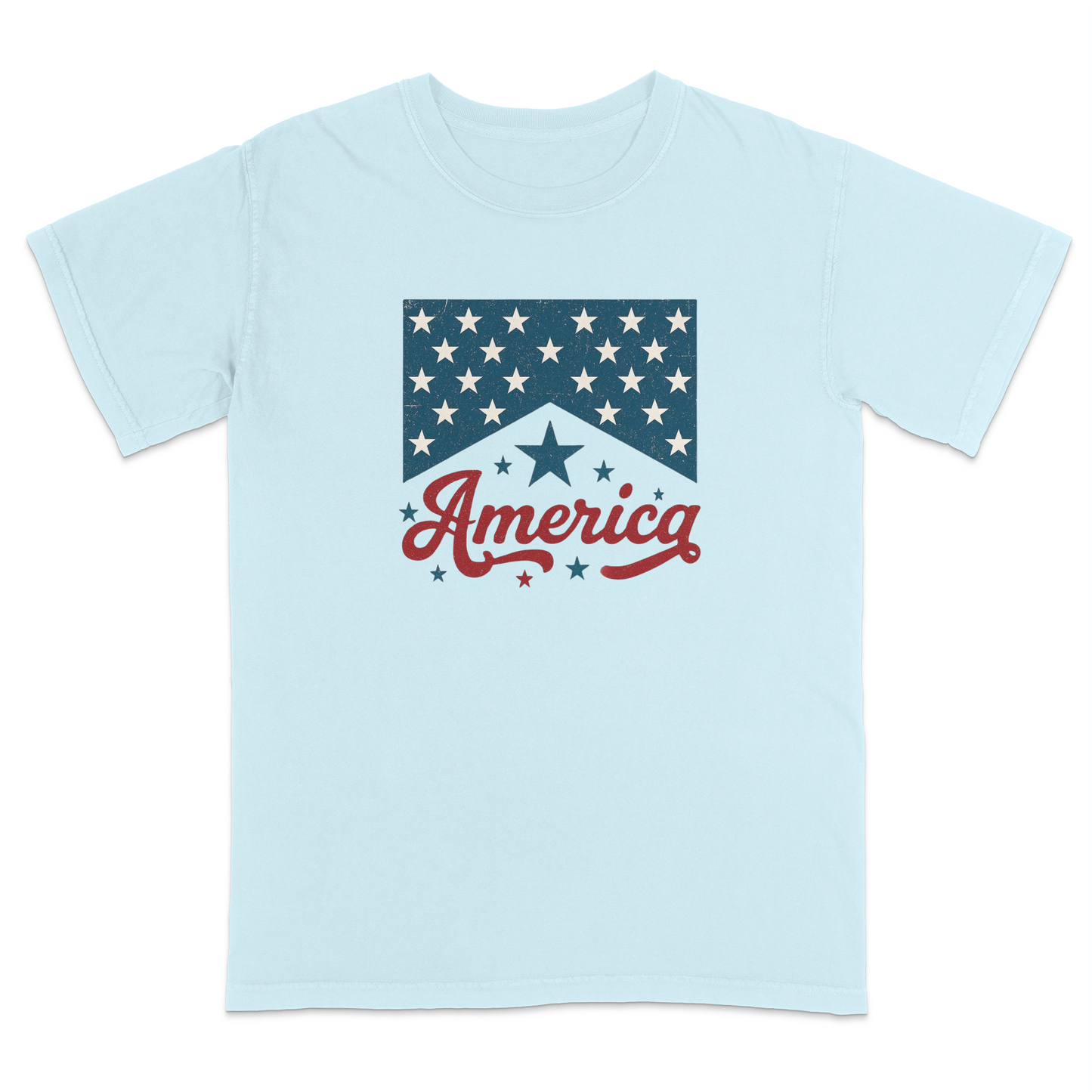 Light blue patriotic graphic t-shirt featuring a vintage-inspired red “America” script with blue stars and retro Americana design for classic Fourth of July and USA-themed style.