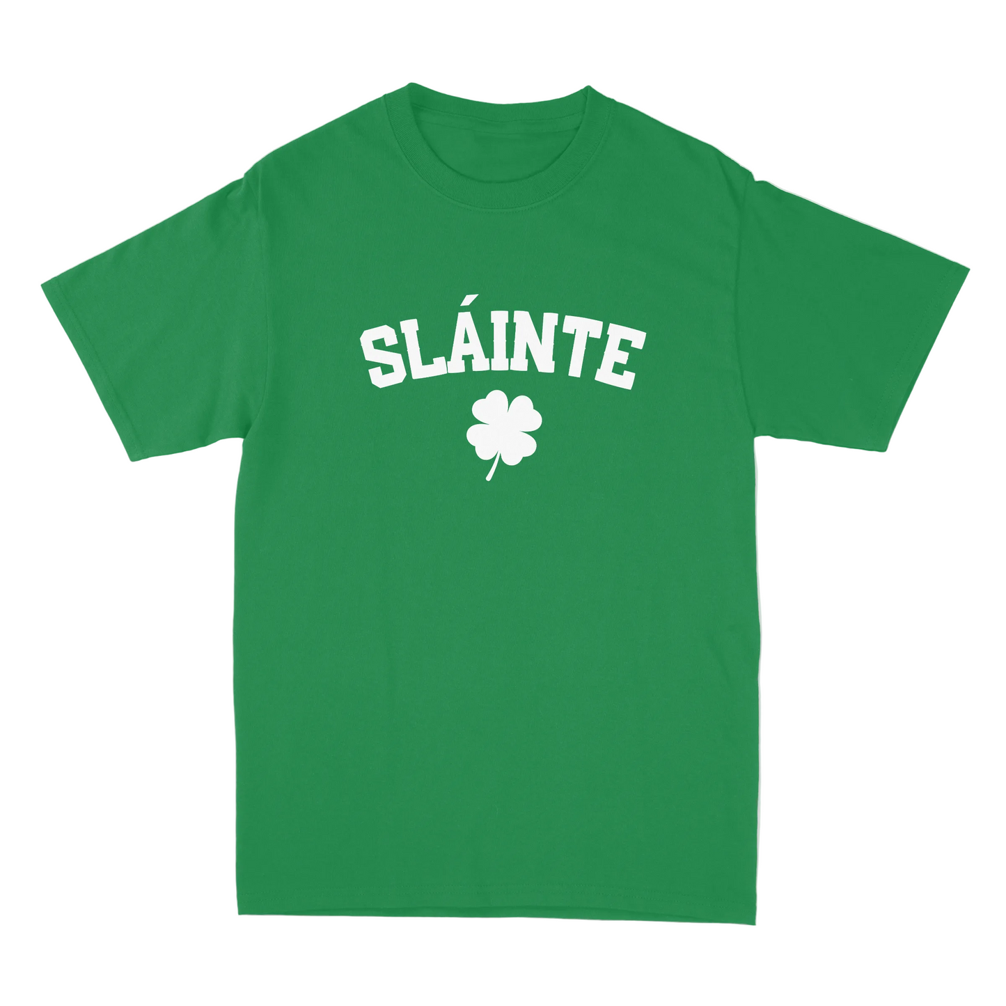Green t-shirt with 'Sláinte' and a four-leaf clover on a white background