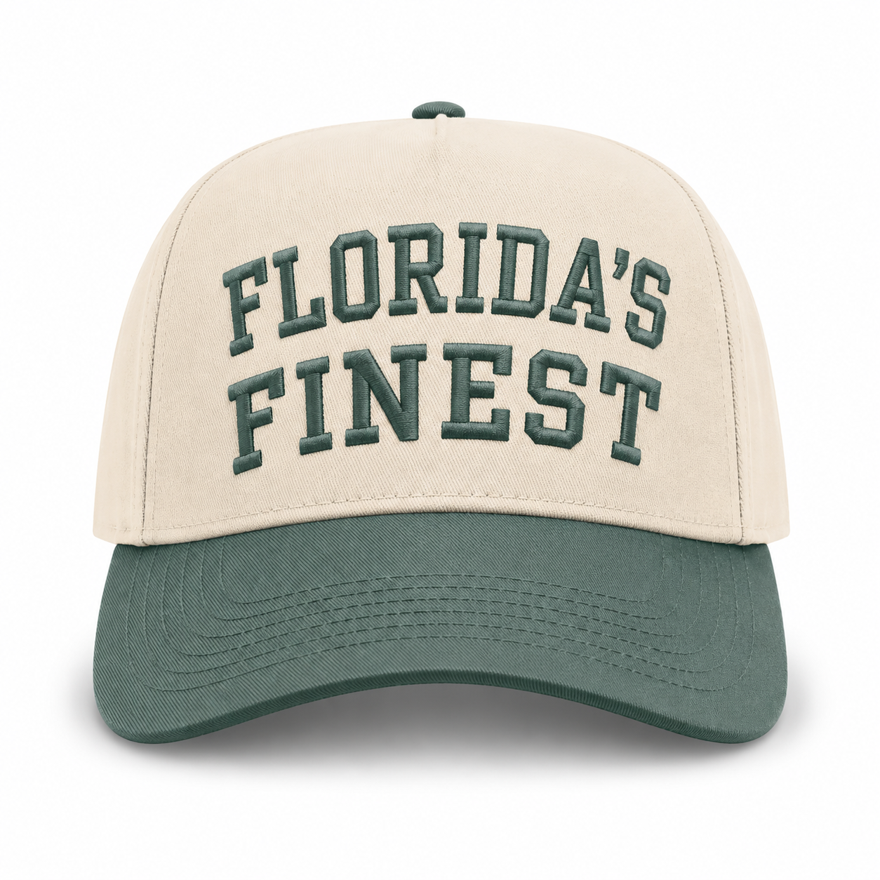 Cream and dark green baseball cap featuring bold dark green embroidered “Florida’s Finest” text on the front, contrasting dark green brim, and a structured crown for a classic vintage-inspired look.