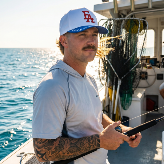 Man fishing offshore wearing a white and blue FLA® snapback hat with red embroidered logo and embroidered stars on the brim. Patriotic Florida-inspired cap designed for boating, fishing, and coastal outdoor adventures.
