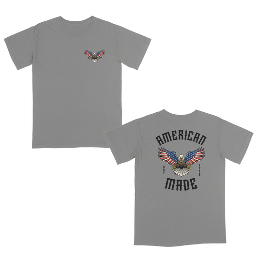 Grey t-shirt with eagle design and 'American Made' text on a white background