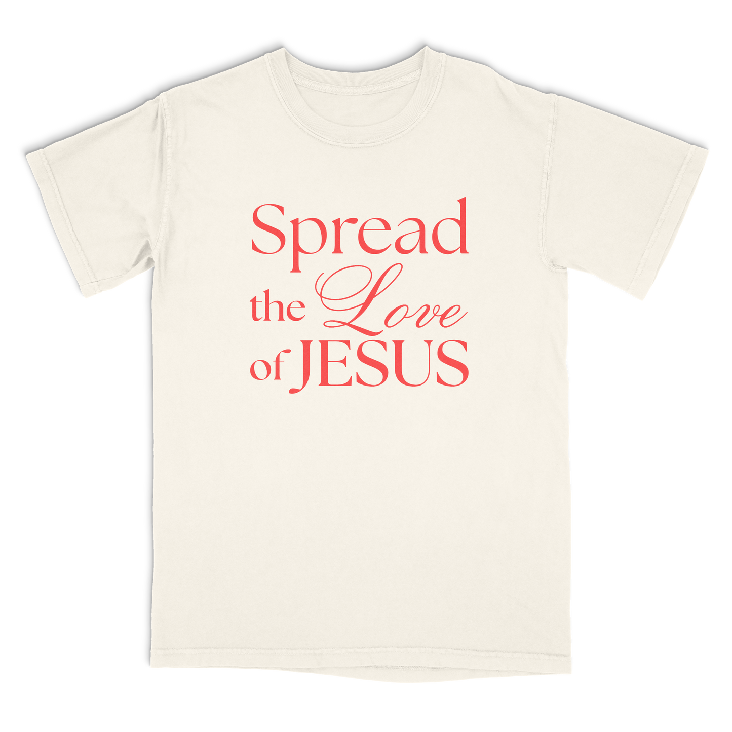 White t-shirt with red text 'Spread the Love of Jesus' on a white background