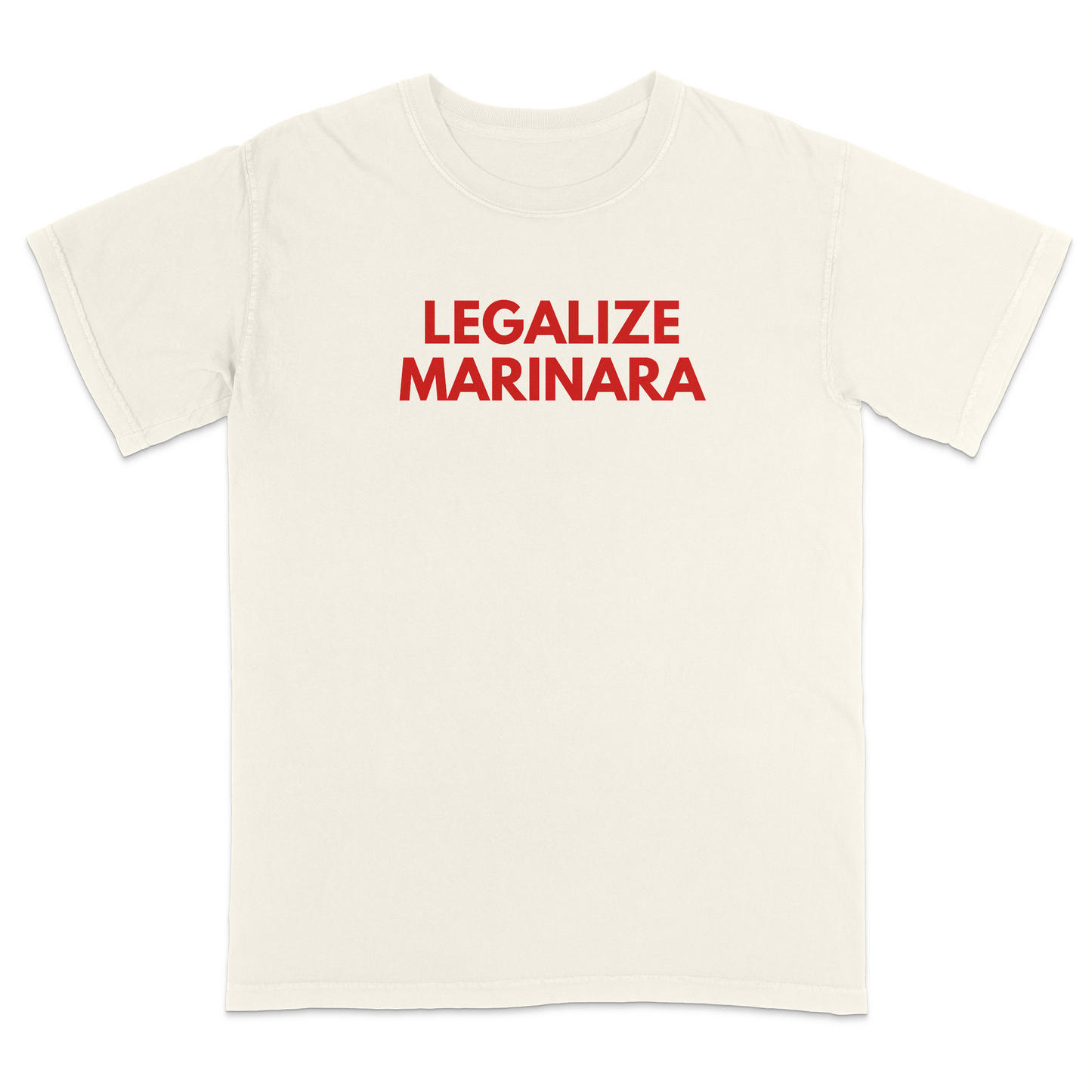 Funny Italian food graphic ivory t-shirt featuring the phrase “Legalize Marinara” in bold red lettering, perfect for pasta lovers, Italian heritage celebrations, family dinners, food festivals, and casual everyday wear.