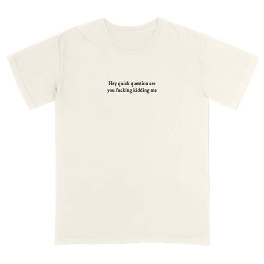 Ivory t-shirt with 'Hey quick question are you fucking kidding me' text on a white background