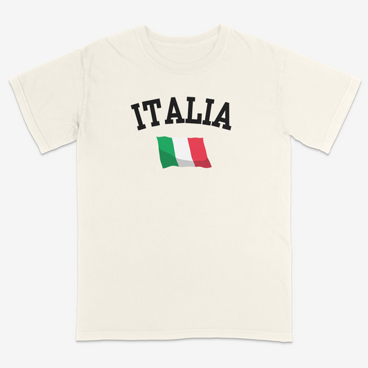 Ivory Italian heritage graphic tee featuring bold “ITALIA” varsity-style lettering with an Italian flag graphic, delivering a clean and timeless design for proud Italian pride and everyday casual wear.