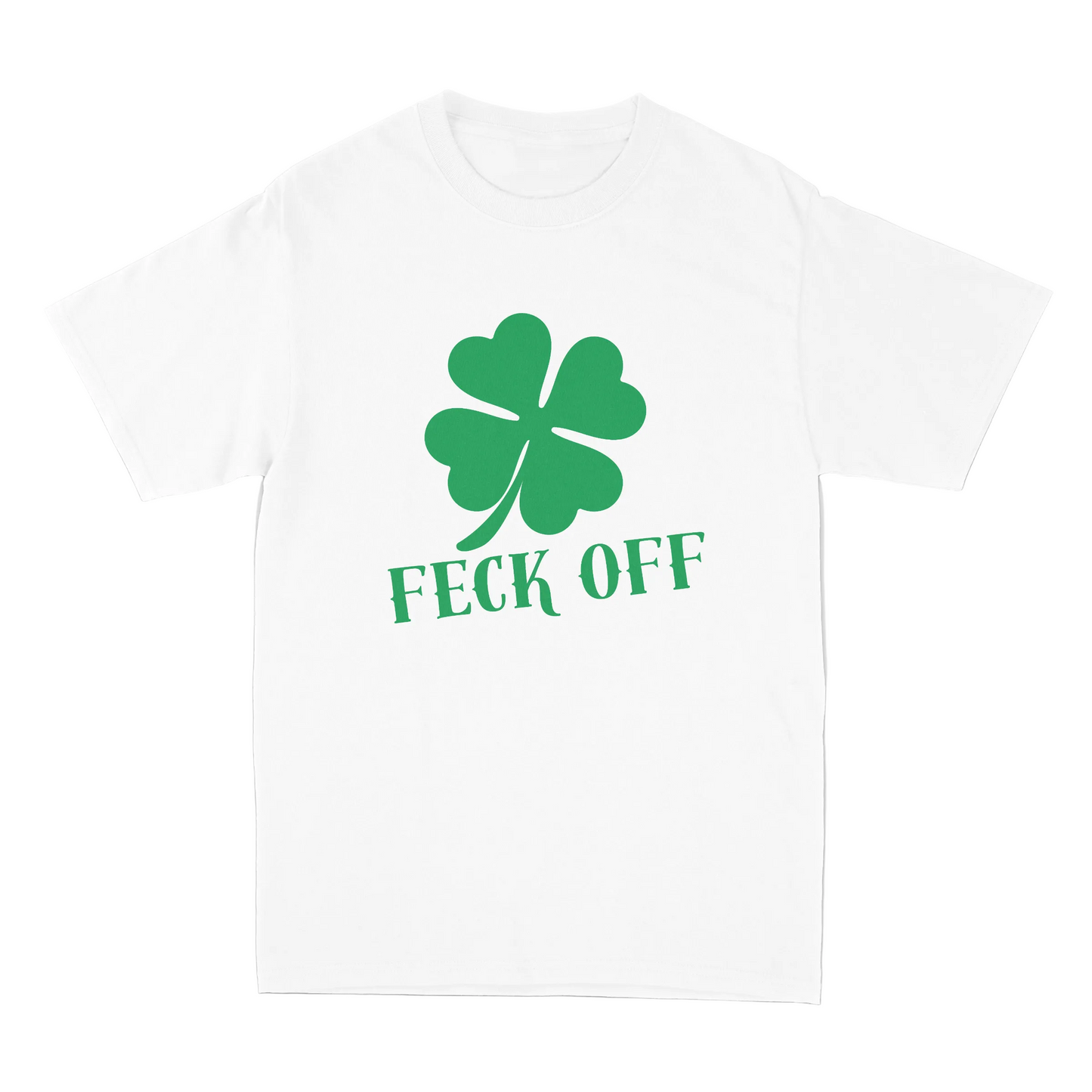 White t-shirt with green four-leaf clover and 'Feck Off' text on a gray background