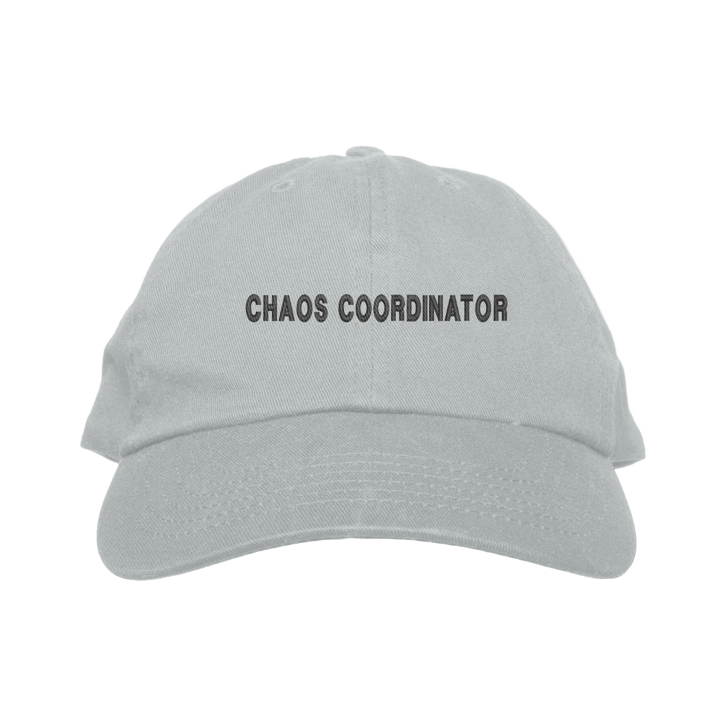 Gray cap with 'CHAOS COORDINATOR' text on a white background