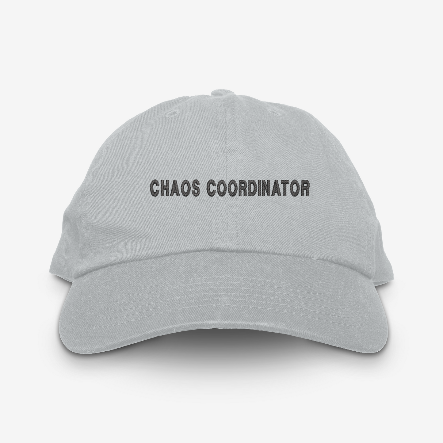 Gray cap with 'CHAOS COORDINATOR' text on a white background