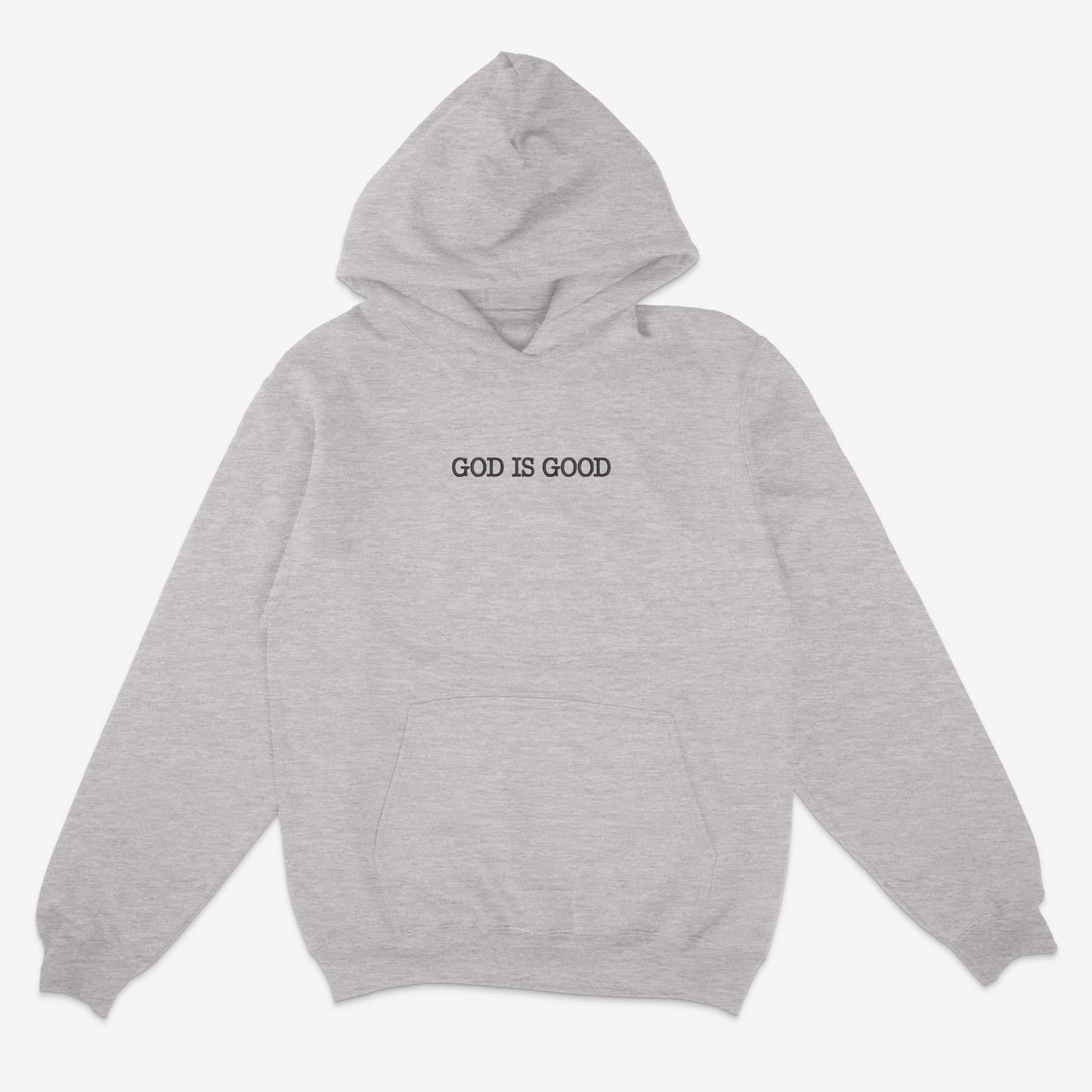 Ash hoodie with 'GOD IS GOOD' text on a white background