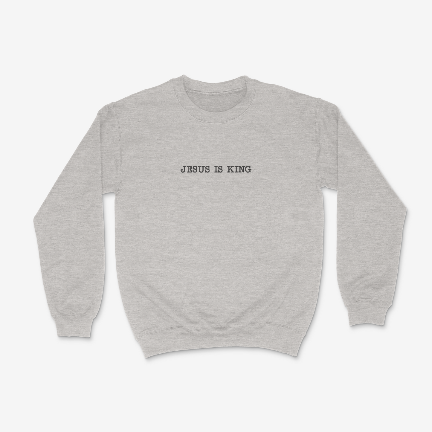 Ash sweatshirt with 'Jesus is King' text on a white background