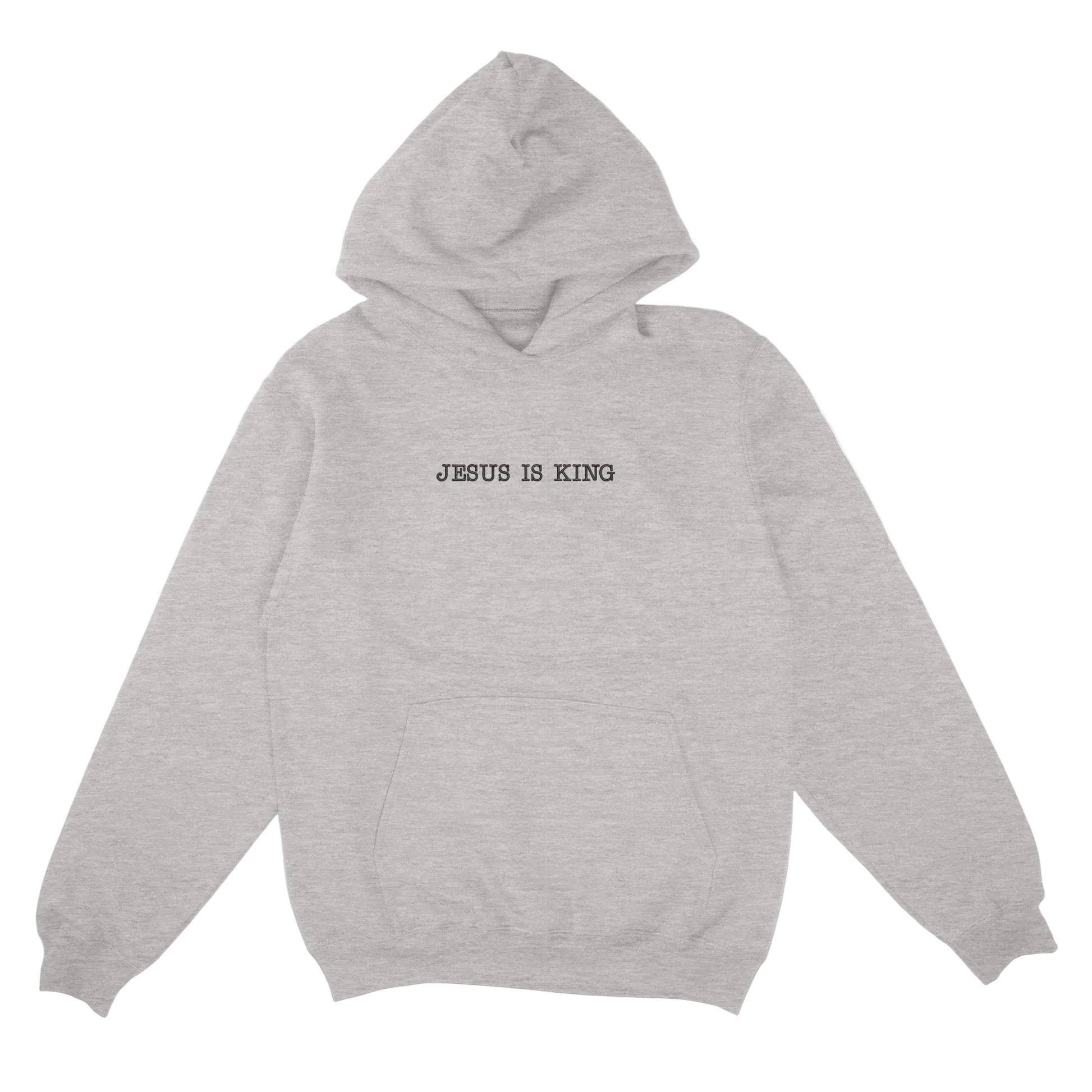 Ash hoodie with 'Jesus is King' text on a white background