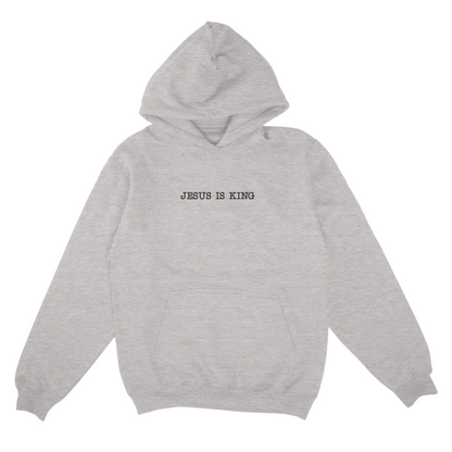 Ash hoodie with 'Jesus is King' text on a white background