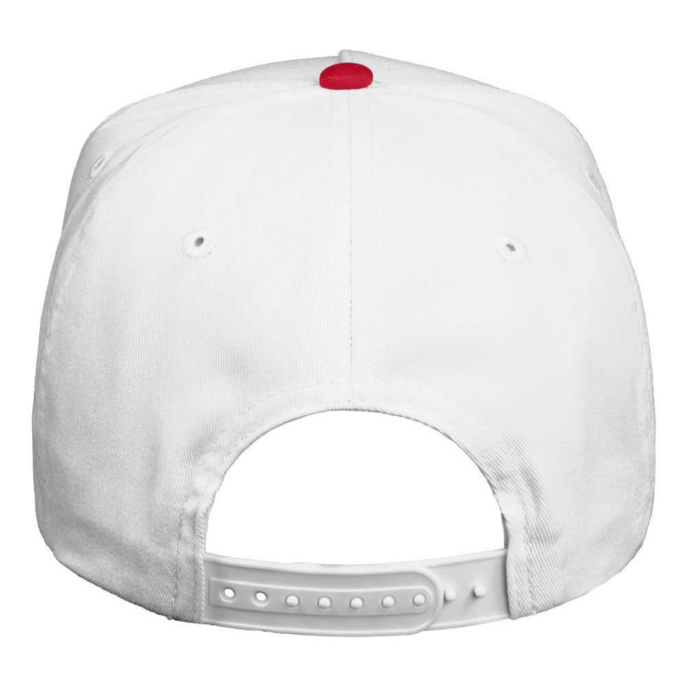 Back view of patriotic trucker hat featuring a white crown, red top button, adjustable snapback closure, and classic red-white-blue Americana design.
