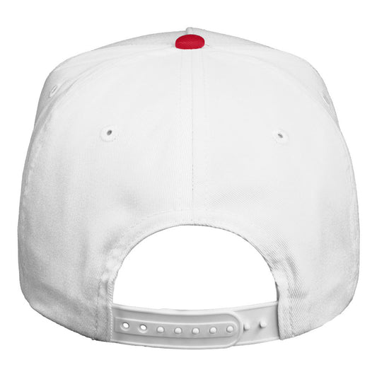 Back view of patriotic trucker hat featuring a white crown, red top button, adjustable snapback closure, and classic red-white-blue Americana design.