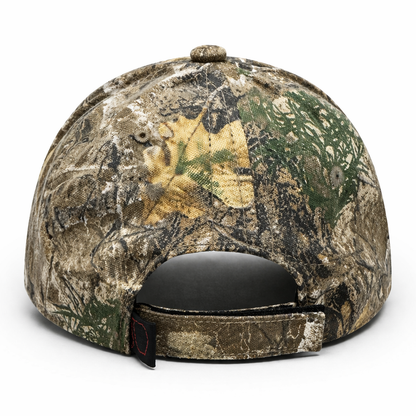 The back view of a camouflage baseball cap on a white background