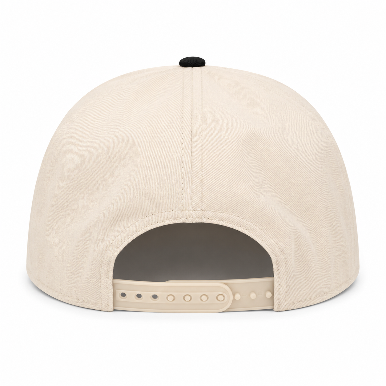 Cream and black snapback cap back view featuring an adjustable cream snap closure, structured crown, and clean two-tone design.