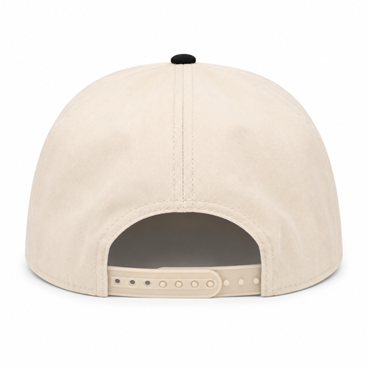 Cream and black snapback cap back view featuring an adjustable cream snap closure, structured crown, and clean two-tone design.