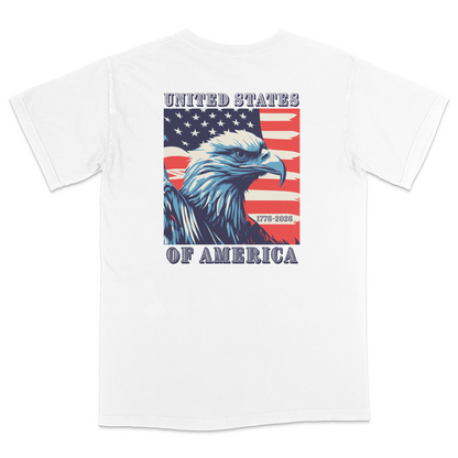 Vintage-inspired patriotic back graphic featuring a bold bald eagle over an American flag with “United States of America” typography and commemorative 1776–2026 detailing for a timeless Americana aesthetic.