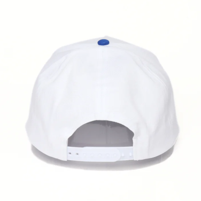 Clean white rear view of the patriotic snapback featuring a matching blue top button, adjustable snapback closure, and structured classic fit for an all-American look.