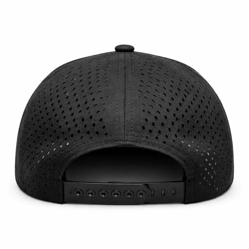 Black baseball cap with perforated design on a white background
