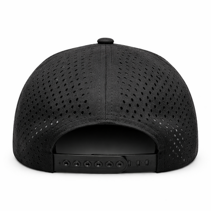 Black baseball cap with perforated design on a white background