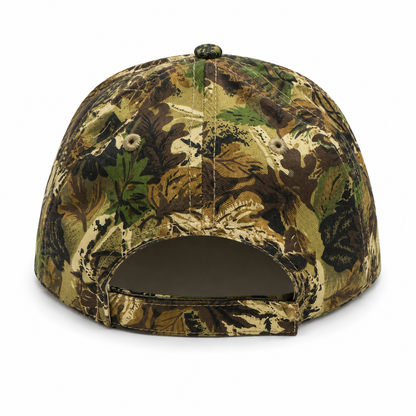 Back view of a Realtree-style camouflage baseball cap with a full camo pattern, structured six-panel construction, curved brim, and adjustable hook-and-loop closure for an outdoor-ready fit.