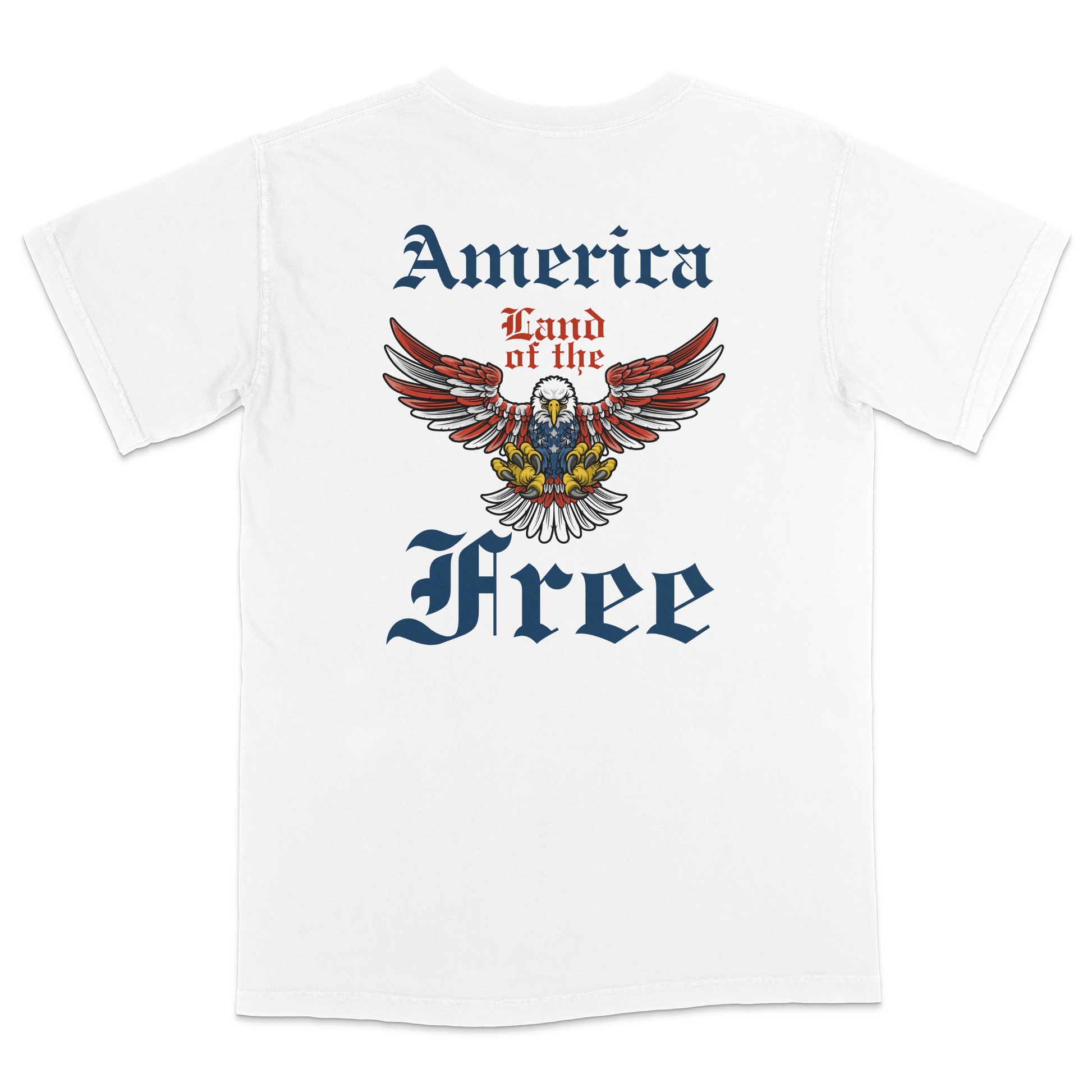 White t-shirt with eagle graphic and 'America Land of the Free' text on a white background