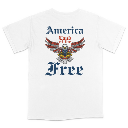 White t-shirt with eagle graphic and 'America Land of the Free' text on a white background