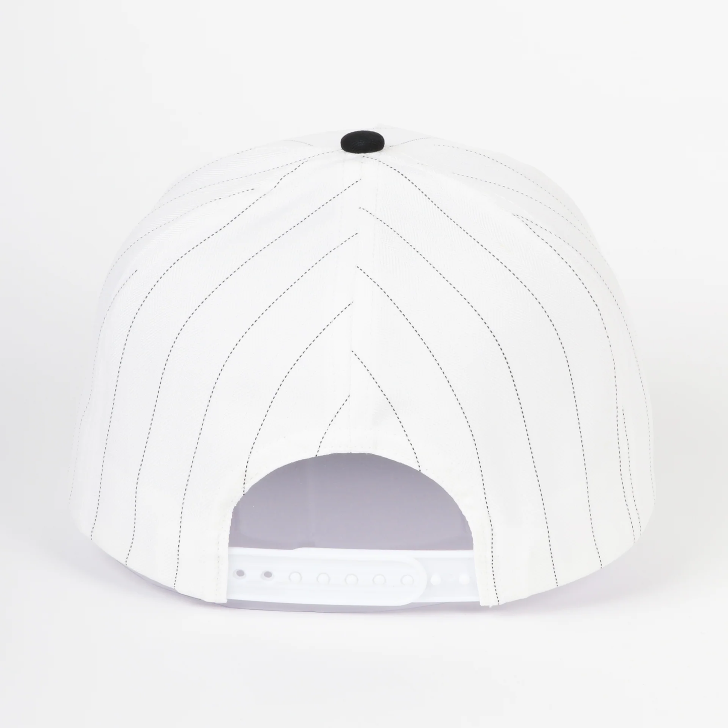 White pinstripe snapback cap back view featuring thin black pinstripes, adjustable tonal snap closure, and a clean vintage baseball-inspired design.