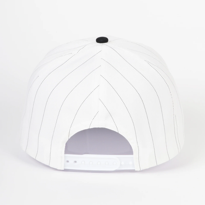 White pinstripe snapback cap back view featuring thin black pinstripes, adjustable tonal snap closure, and a clean vintage baseball-inspired design.