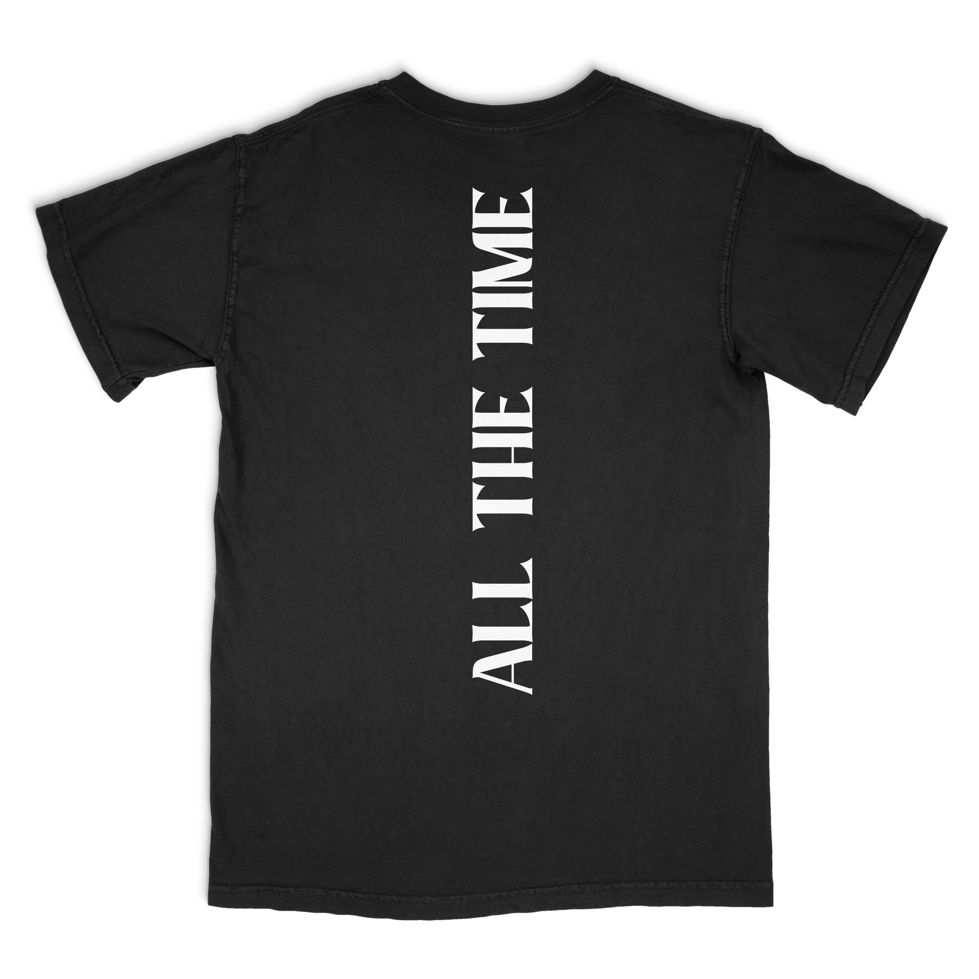 Black t-shirt with 'ALL THE TIME' text on the back against a white background
