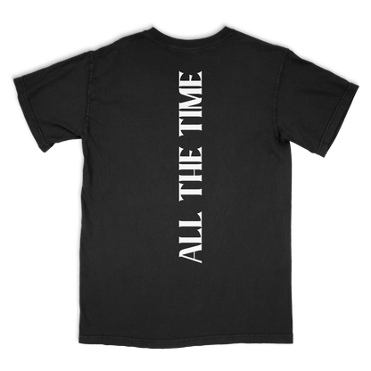 Black t-shirt with 'ALL THE TIME' text on the back against a white background