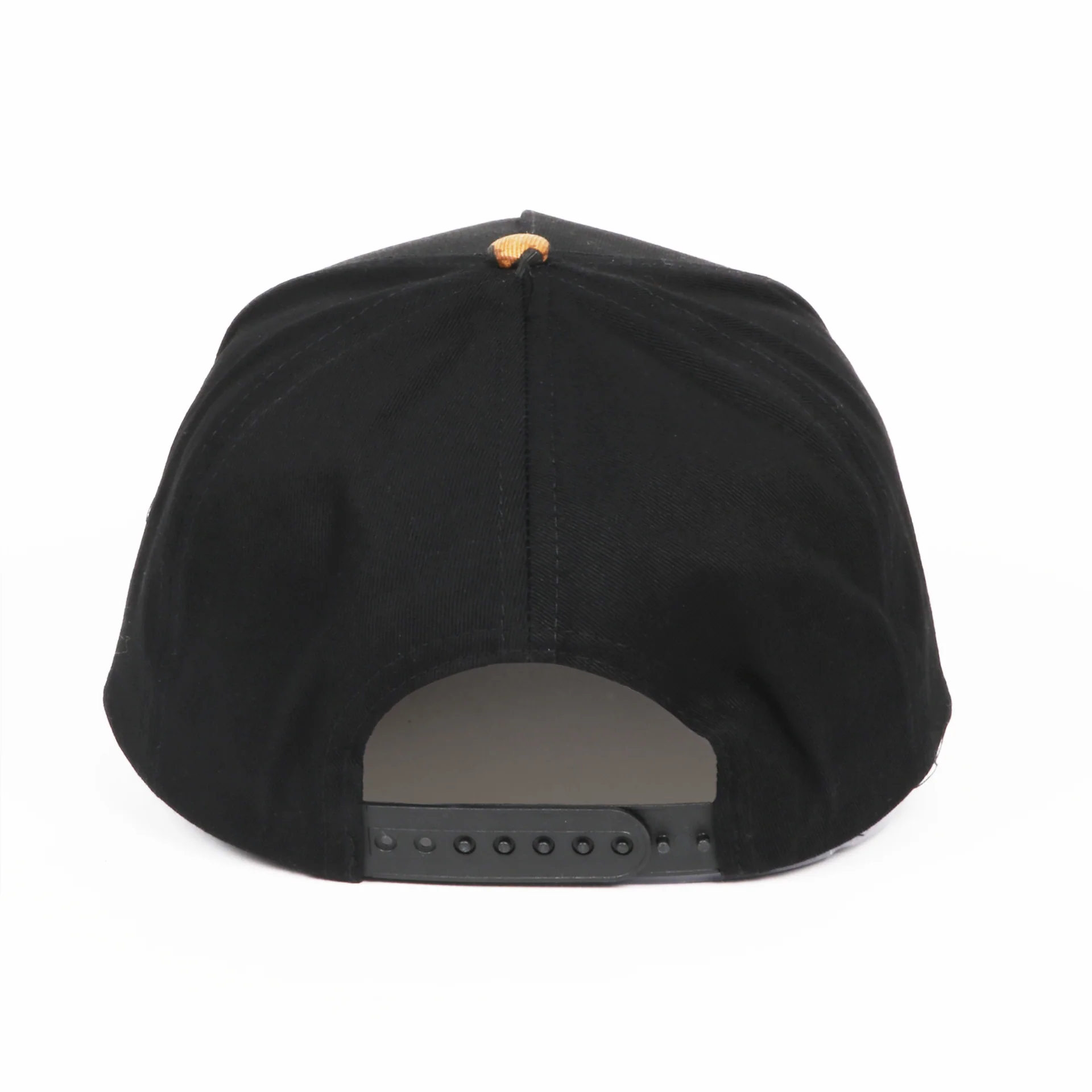 Back view of a black snapback hat featuring a clean five-panel design with a black adjustable snapback closure and a brown leopard print top button. The minimalist rear profile highlights the structured fit and premium construction against a white background.