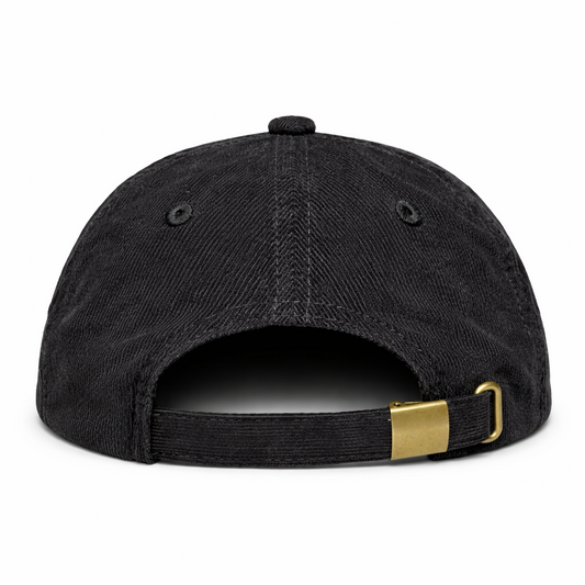 Black cap with a gold adjustable strap on a white background