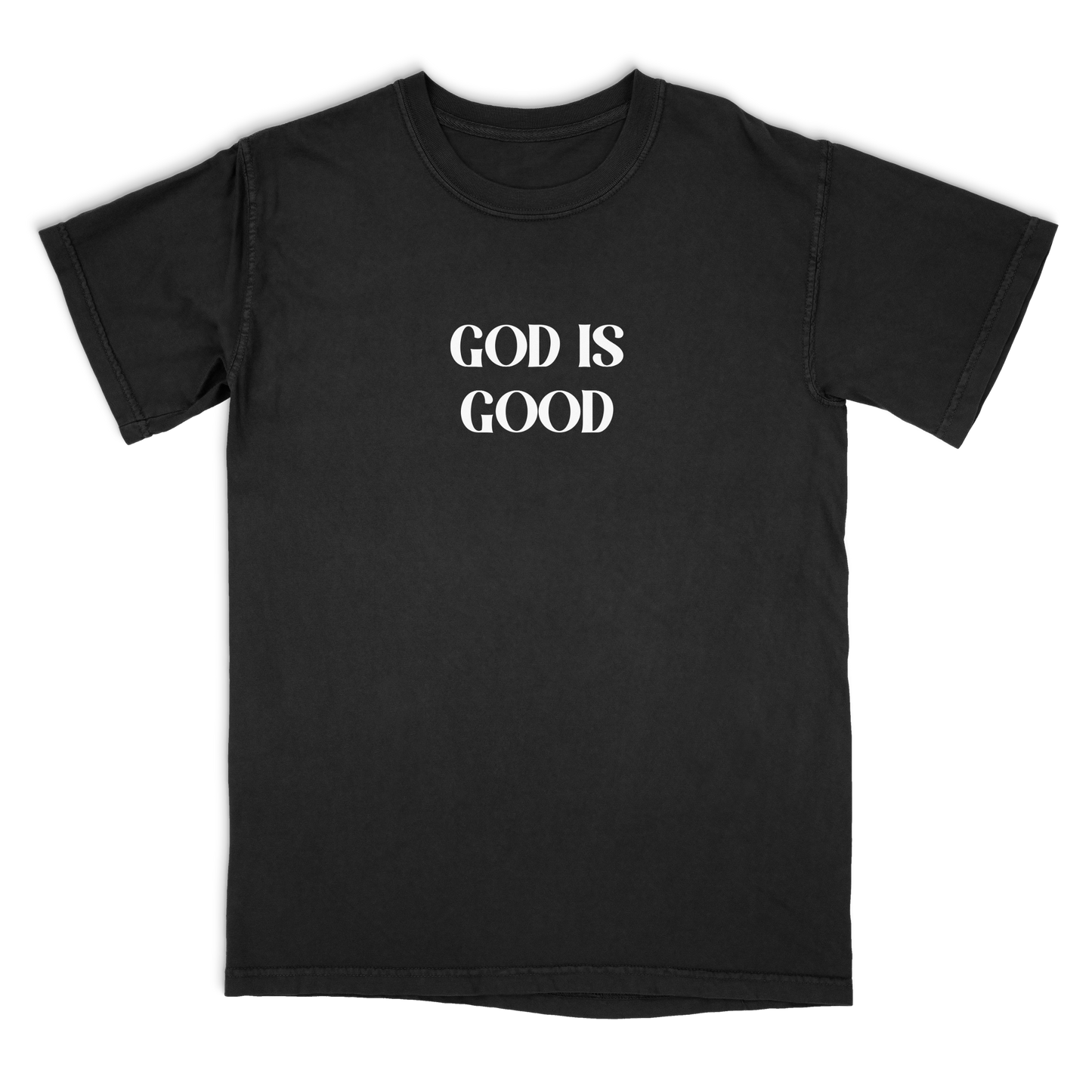 Black t-shirt with 'GOD IS GOOD' text on a white background