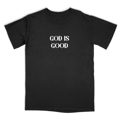 Black t-shirt with 'GOD IS GOOD' text on a white background