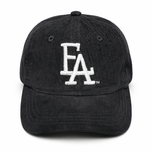Black cap with white FLA logo on a white background